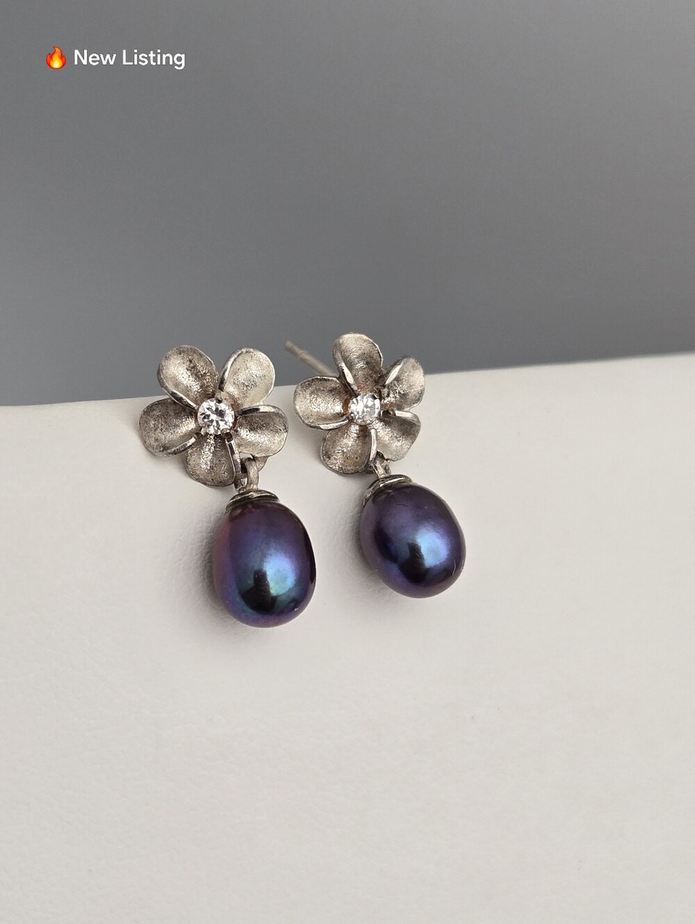 Sterling Silver Dark Purple Pearl Flower Drop Pierced Earrings 3/4"